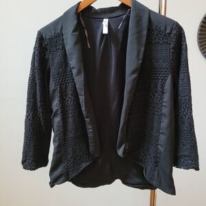 Xhilaration Blazer Jacket Womens Size M Black Lace Lined Open Front Stretch